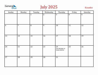Current month calendar with Ecuador holidays for July 2025