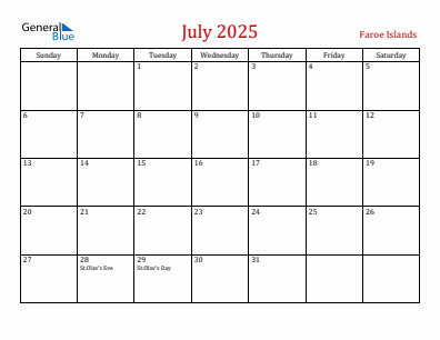 Current month calendar with Faroe Islands holidays for July 2025