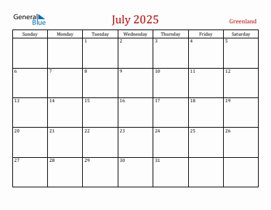 Current month calendar with Greenland holidays for July 2025