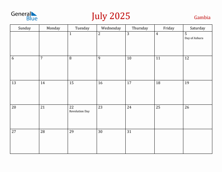 Gambia July 2025 Calendar - Sunday Start
