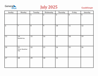 Current month calendar with Guadeloupe holidays for July 2025