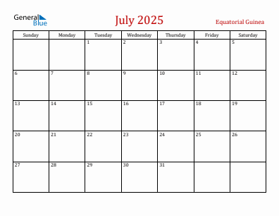 Current month calendar with Equatorial Guinea holidays for July 2025