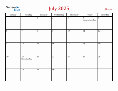 Current month calendar with Guam holidays for July 2025