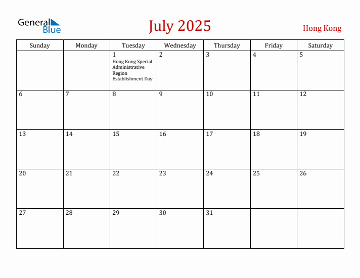 Hong Kong July 2025 Calendar - Sunday Start