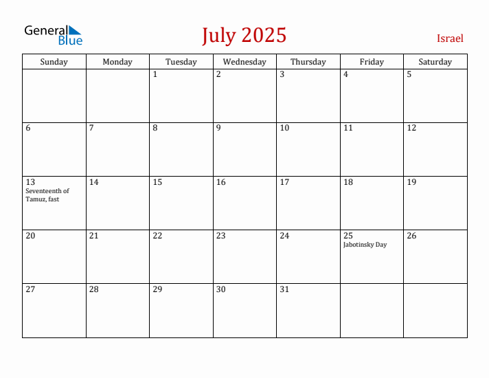 Israel July 2025 Calendar - Sunday Start