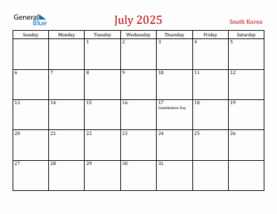 Current month calendar with South Korea holidays for July 2025