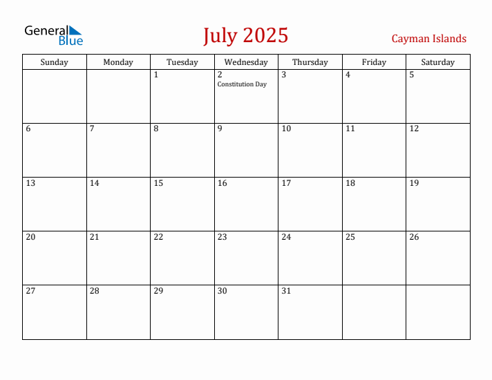 Cayman Islands July 2025 Calendar - Sunday Start