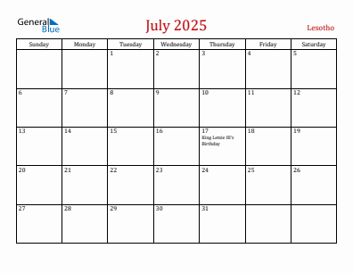 Current month calendar with Lesotho holidays for July 2025