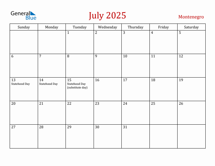 Montenegro July 2025 Calendar - Sunday Start