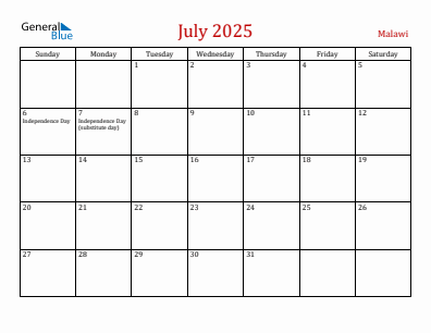 Current month calendar with Malawi holidays for July 2025