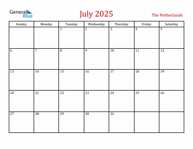 Current month calendar with The Netherlands holidays for July 2025