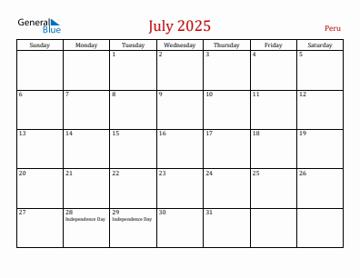 Current month calendar with Peru holidays for July 2025