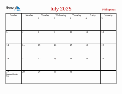 Current month calendar with Philippines holidays for July 2025