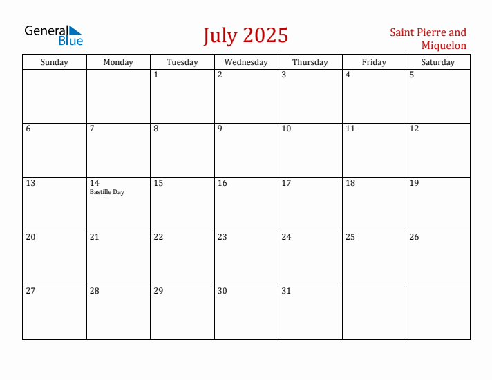 Saint Pierre and Miquelon July 2025 Calendar - Sunday Start