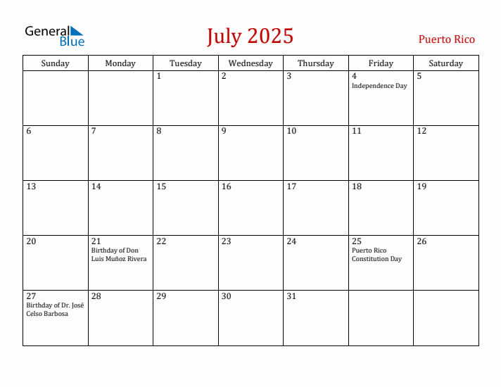 Puerto Rico July 2025 Calendar - Sunday Start