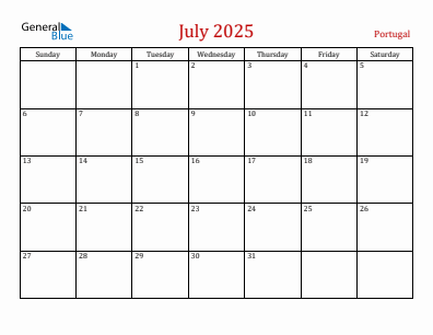 Current month calendar with Portugal holidays for July 2025