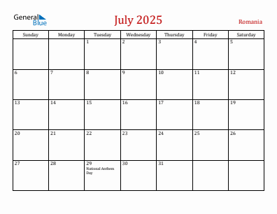 Current month calendar with Romania holidays for July 2025