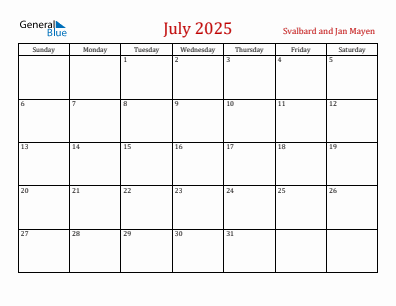 Current month calendar with Svalbard and Jan Mayen holidays for July 2025