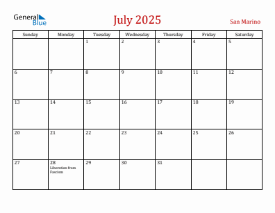 Current month calendar with San Marino holidays for July 2025