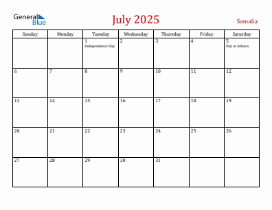 Current month calendar with Somalia holidays for July 2025