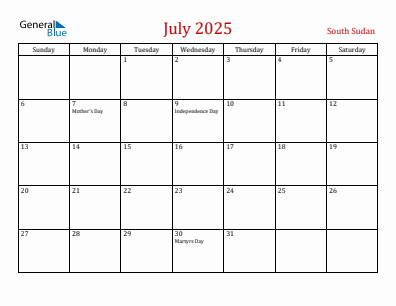 Current month calendar with South Sudan holidays for July 2025