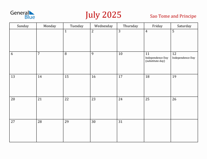 Sao Tome and Principe July 2025 Calendar - Sunday Start