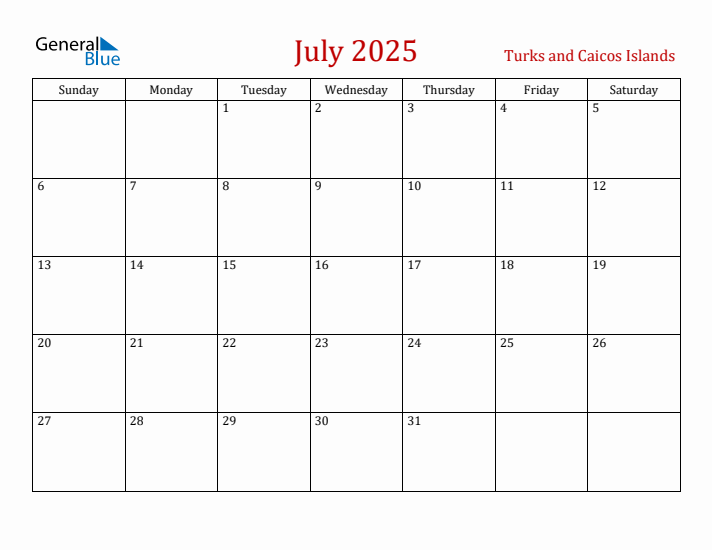 Turks and Caicos Islands July 2025 Calendar - Sunday Start