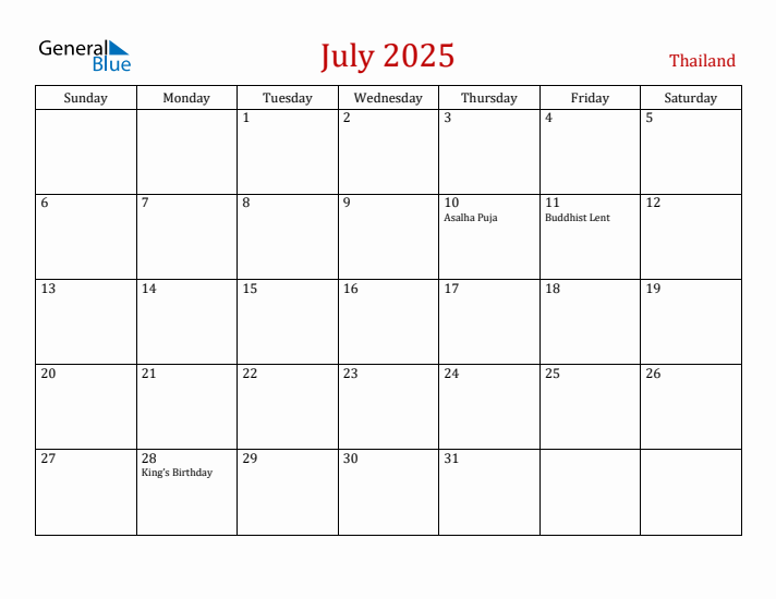 Thailand July 2025 Calendar - Sunday Start