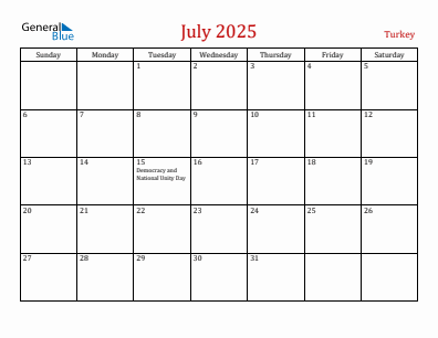 Current month calendar with Turkey holidays for July 2025