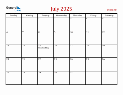 Current month calendar with Ukraine holidays for July 2025