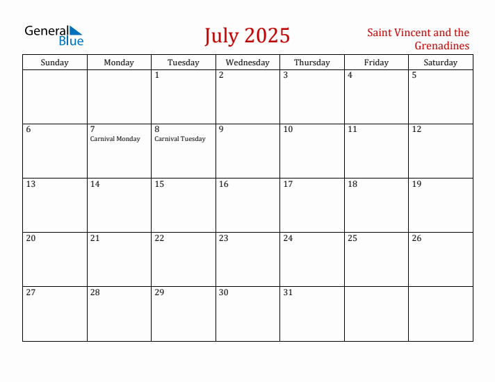 Saint Vincent and the Grenadines July 2025 Calendar - Sunday Start