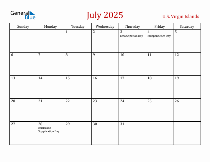 U.S. Virgin Islands July 2025 Calendar - Sunday Start