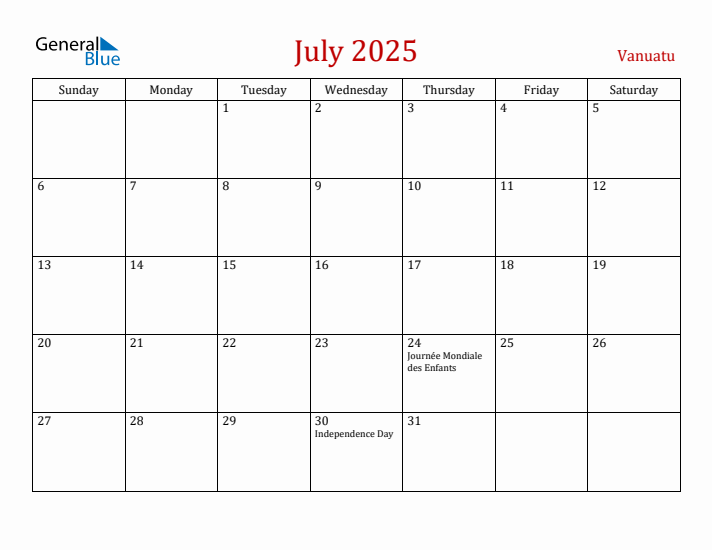 Vanuatu July 2025 Calendar - Sunday Start