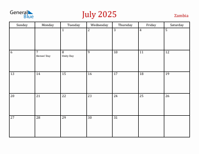 Current month calendar with Zambia holidays for July 2025