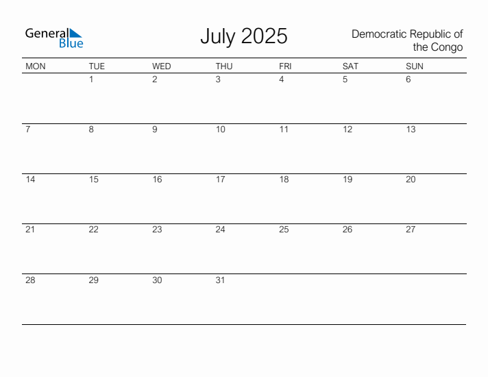 Printable July 2025 Calendar for Democratic Republic of the Congo