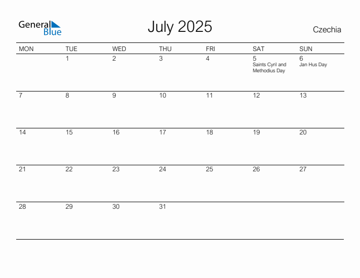 Printable July 2025 Calendar for Czechia