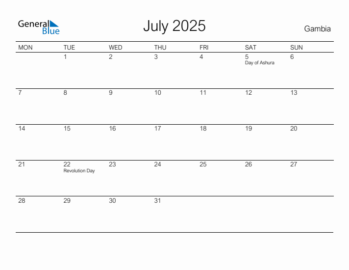 Printable July 2025 Calendar for Gambia