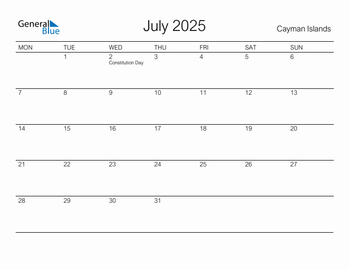 Printable July 2025 Calendar for Cayman Islands