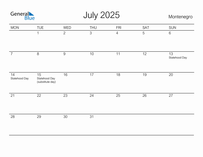 Printable July 2025 Calendar for Montenegro