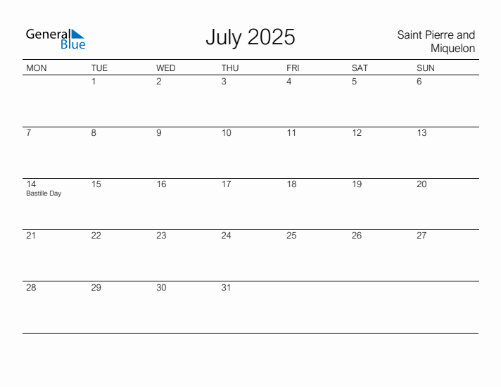 Printable July 2025 Calendar for Saint Pierre and Miquelon