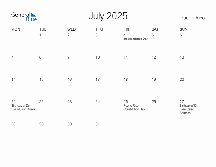 Printable July 2025 Calendar for Puerto Rico