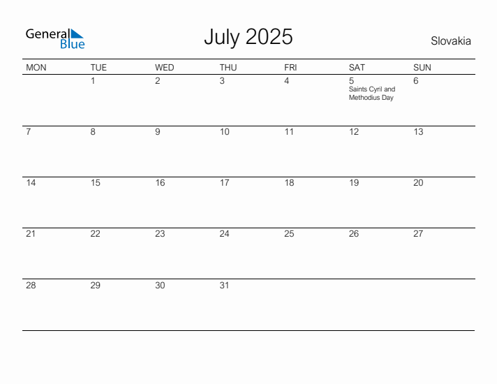 Printable July 2025 Calendar for Slovakia