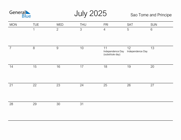 Printable July 2025 Calendar for Sao Tome and Principe