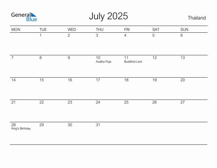 Printable July 2025 Calendar for Thailand