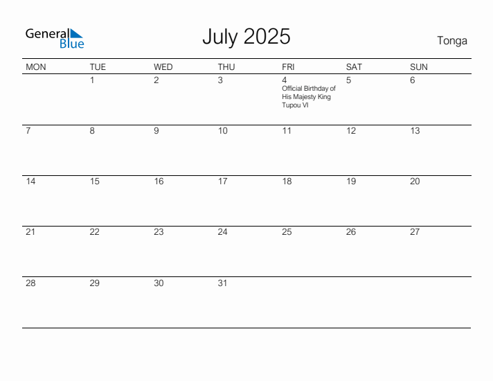 Printable July 2025 Calendar for Tonga