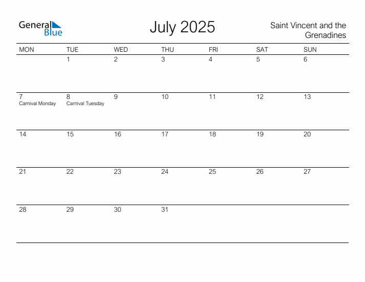 Printable July 2025 Calendar for Saint Vincent and the Grenadines