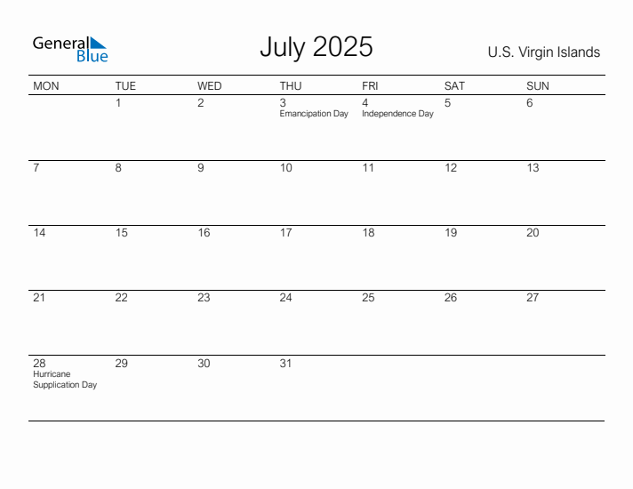 Printable July 2025 Calendar for U.S. Virgin Islands