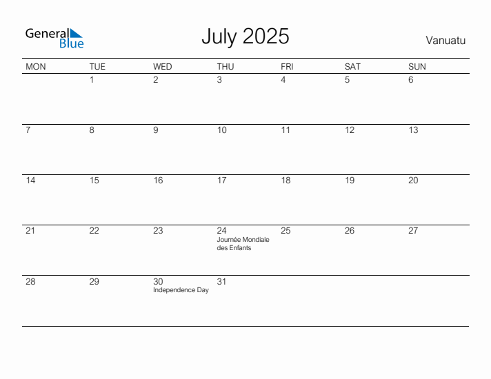 Printable July 2025 Calendar for Vanuatu