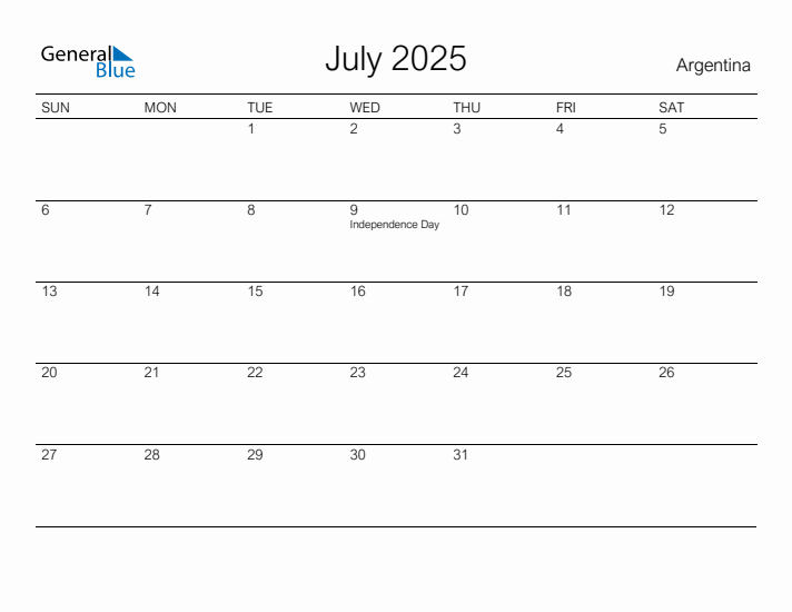 Printable July 2025 Calendar for Argentina