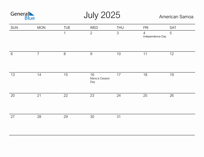 Printable July 2025 Calendar for American Samoa